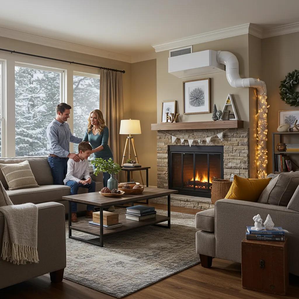 Family preparing their home for winter with a focus on a modern HVAC system in a cozy living room