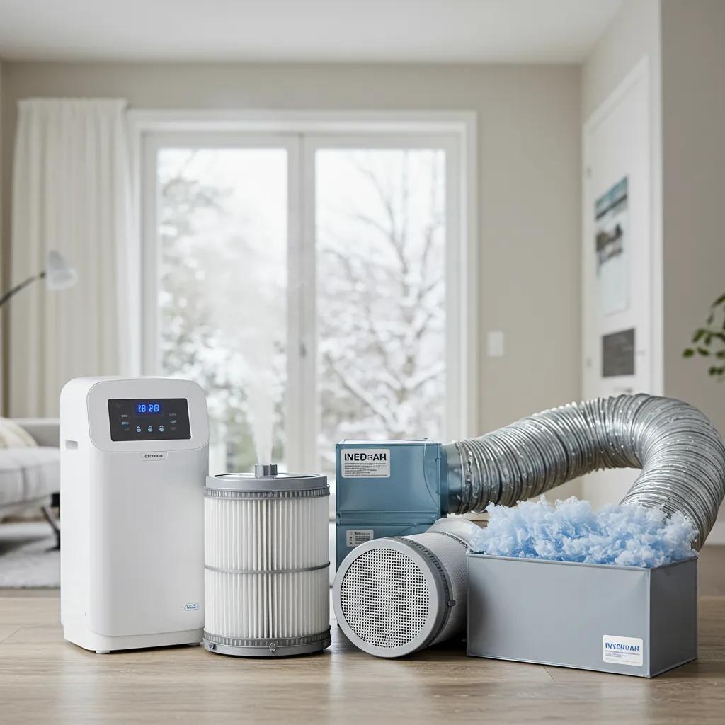 Indoor air quality solutions including a humidifier and HEPA filters in a modern home environment