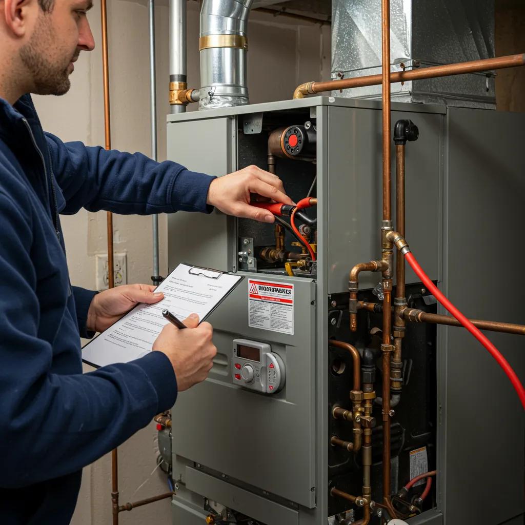 Technician performing maintenance on a furnace with tools and a checklist in a utility room
