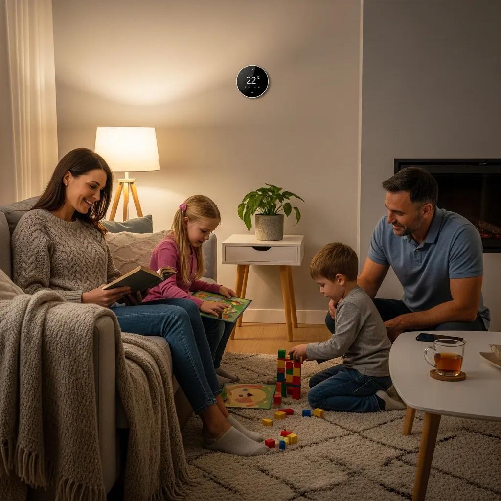 Family relaxing at home while a smart thermostat quietly manages comfort and energy use
