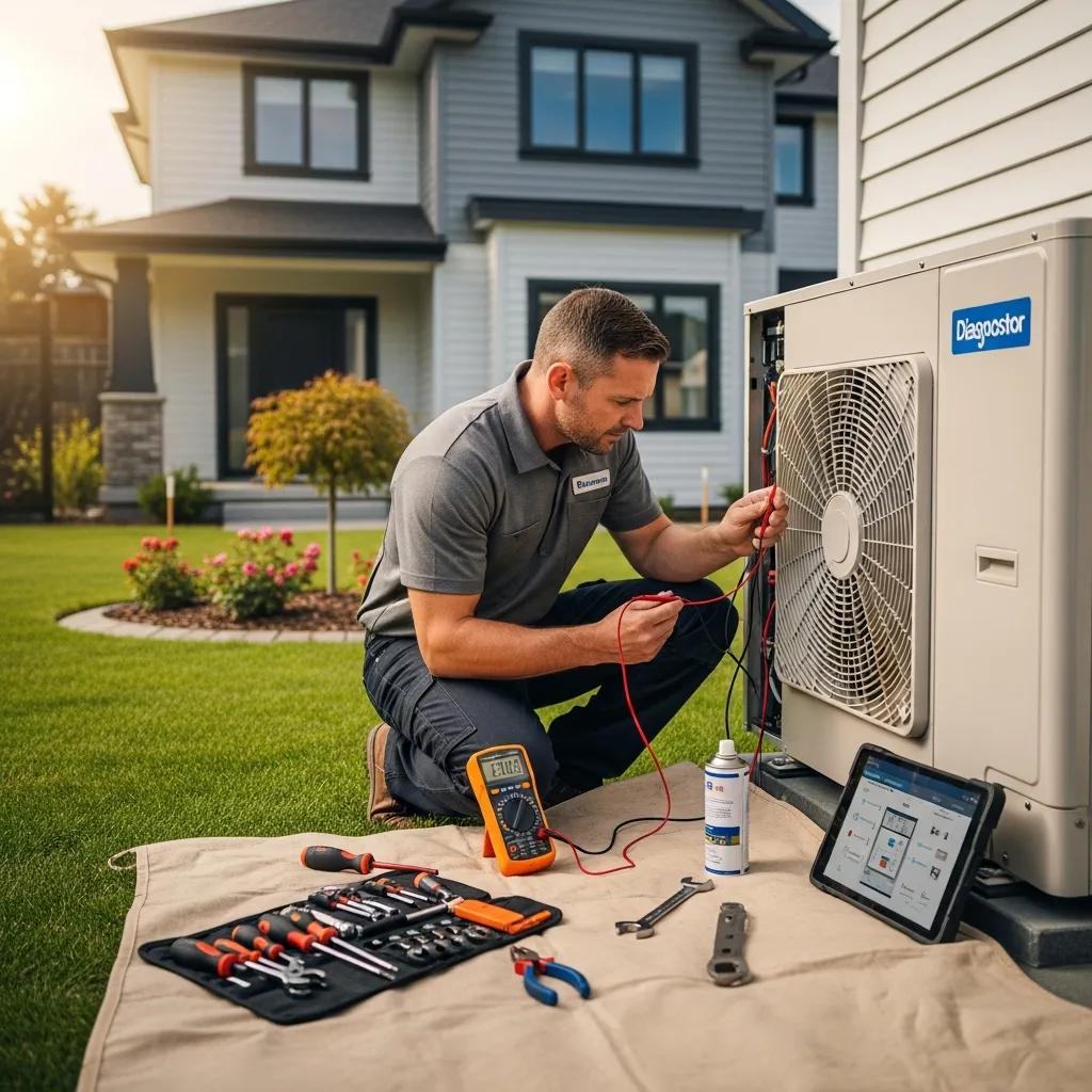 Technician inspecting a heat pump unit in a residential setting, highlighting expert repair services