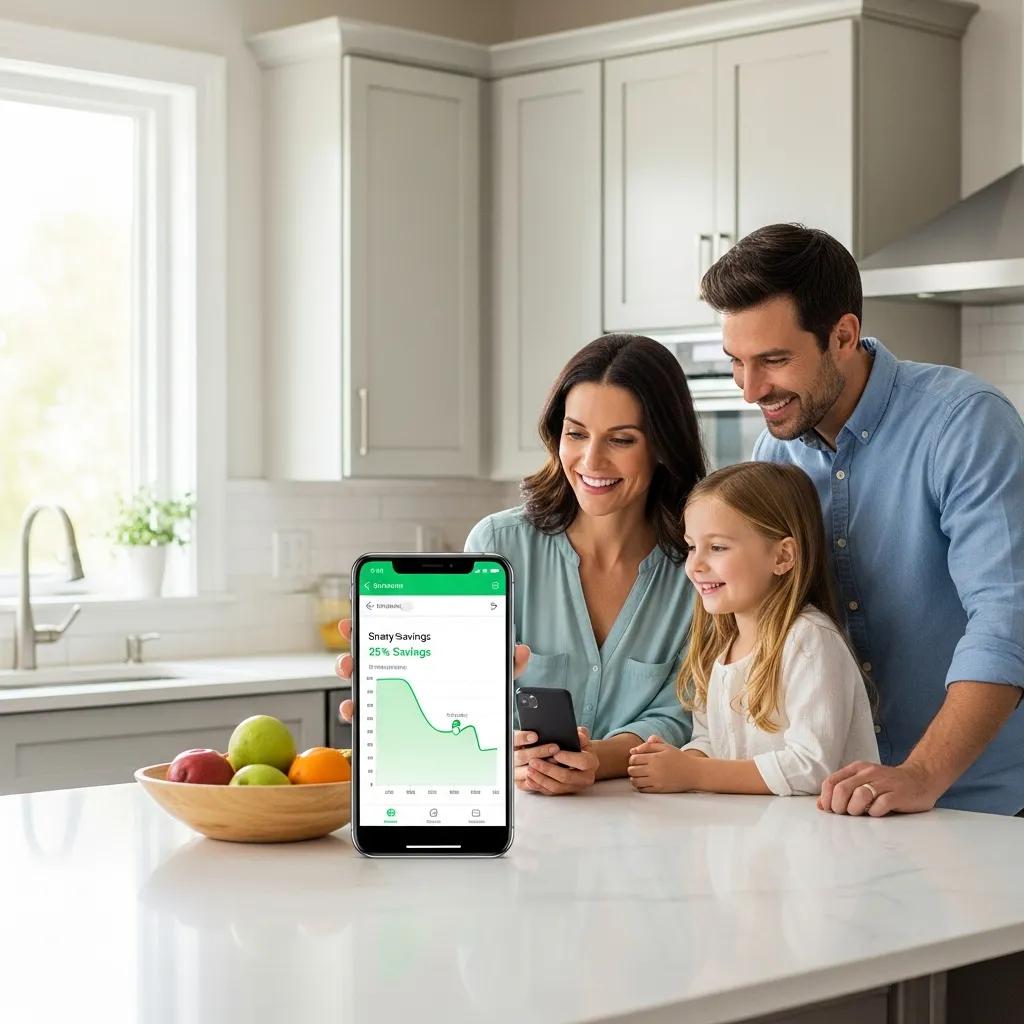 Family interacting with a smart thermostat, showcasing energy savings and modern technology