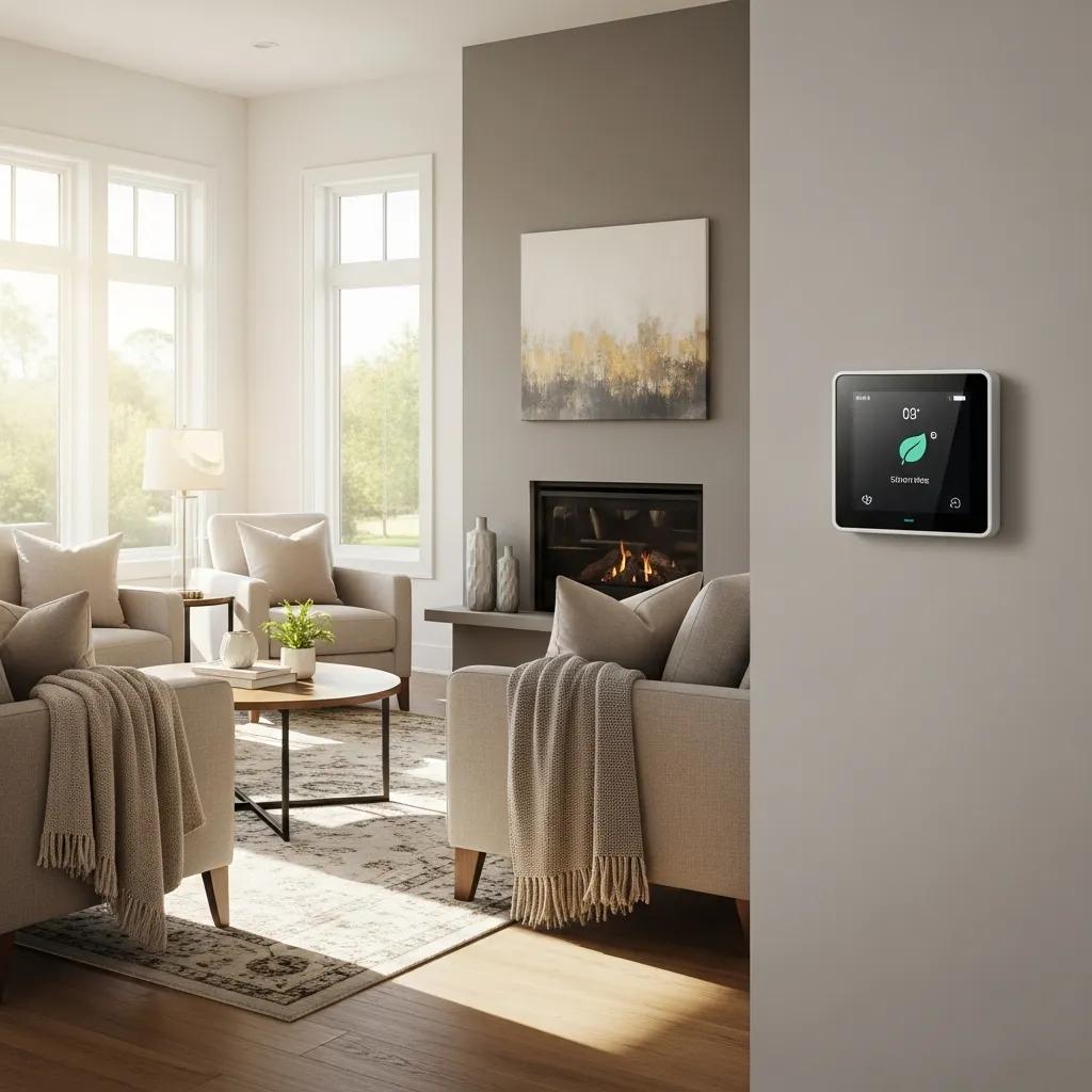 Smart thermostat in a cozy living room, highlighting energy efficiency and comfort