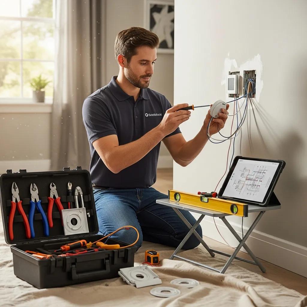 Technician installing a smart thermostat, emphasizing professional installation and HVAC compatibility